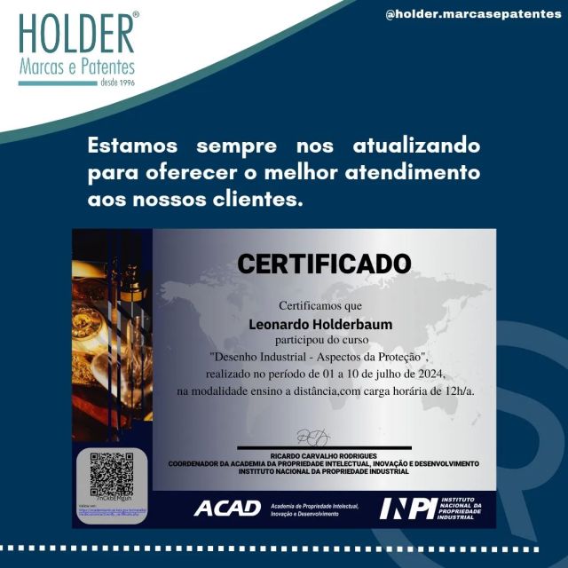 Os profissionais da HOLDER Marcas e Patentes Ltda, estão habilitados para proteger o seu negócio e zelar pelas suas marcas, patentes e desenhos industriais. 

Contate-nos pelos telefones (51) 9.9961.1578 - 9.9909.8389 

#trademark #marcasepatentes #holdermarcasepatentes #patente #marca #inpi #abapisul #registresuamarca #registresuacriação #protecaocomregistro #desenhoindustrial #sempreseatualizando
