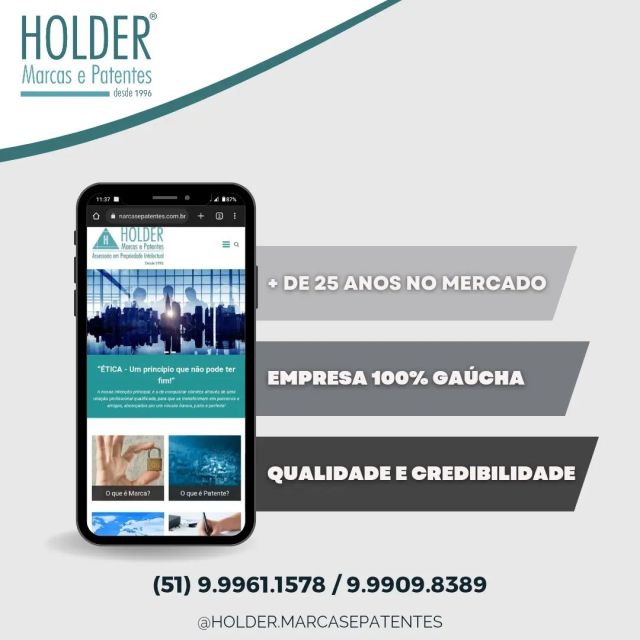 Os profissionais da HOLDER Marcas e Patentes Ltda, estão habilitados para proteger o seu negócio e zelar pelas suas marcas, patentes e desenhos industriais. 

Contate-nos pelos telefones (51) 9.9961.1578 - 9.9909.8389 

#trademark #marcasepatentes #holdermarcasepatentes #patente #marca #inpi #abapisul #registresuamarca #registresuacriação #protecaocomregistro #desenhoindustrial #faleconosco