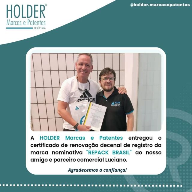 A HOLDER Marcas e Patentes entregou o certificado de registro  referente a renovação decenal da marca nominativa REPACK BRASIL" ao nosso amigo e parceiro comercial Luciano.

Agradecemos a confiança depositada em nosso trabalho e desejamos sucesso em suas atividades comerciais.

@holder.marcasepatentes
www.holdermarcasepatentes.com.br
(51) 3384.6400 / 99961.1578 / 99909.8389

#holdermarcasepatentes #trademark #marcas #patente #propriedadeintelectual #propriedadeindustrial #marcasepatentes #registresuamarca #registresuacriação #inpi #abapisul #entregadecertificado